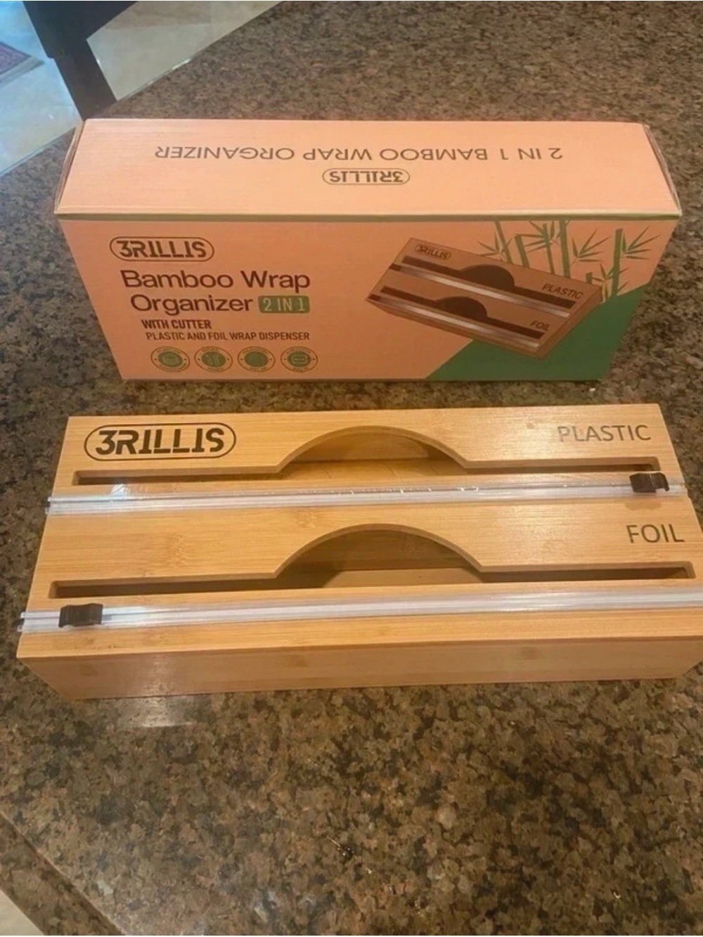 3Rillis brand , bamboo wood, aluminum foil, and plastic wrap dispenser/ organize